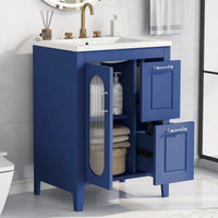 VanityFus 24-in Blue Bathroom Vanity Single Sink Combo Ceramic Top 1  Glass door 2 drawers Undermount Adjustable Shelves