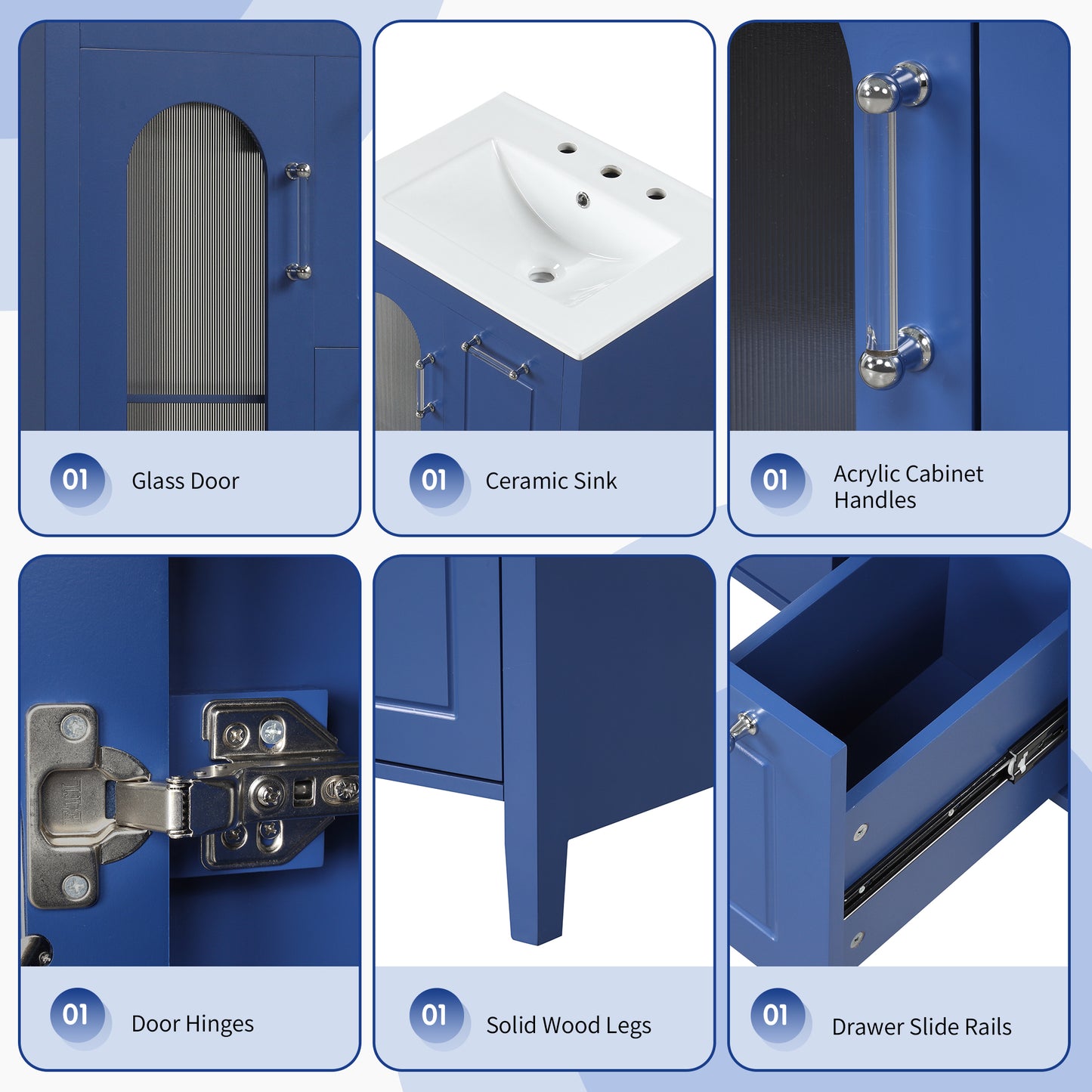 VanityFus 24-in Blue Bathroom Vanity Single Sink Combo Ceramic Top 1  Glass door 2 drawers Undermount Adjustable Shelves