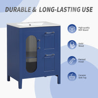 VanityFus 24-in Blue Bathroom Vanity Single Sink Combo Ceramic Top 1  Glass door 2 drawers Undermount Adjustable Shelves