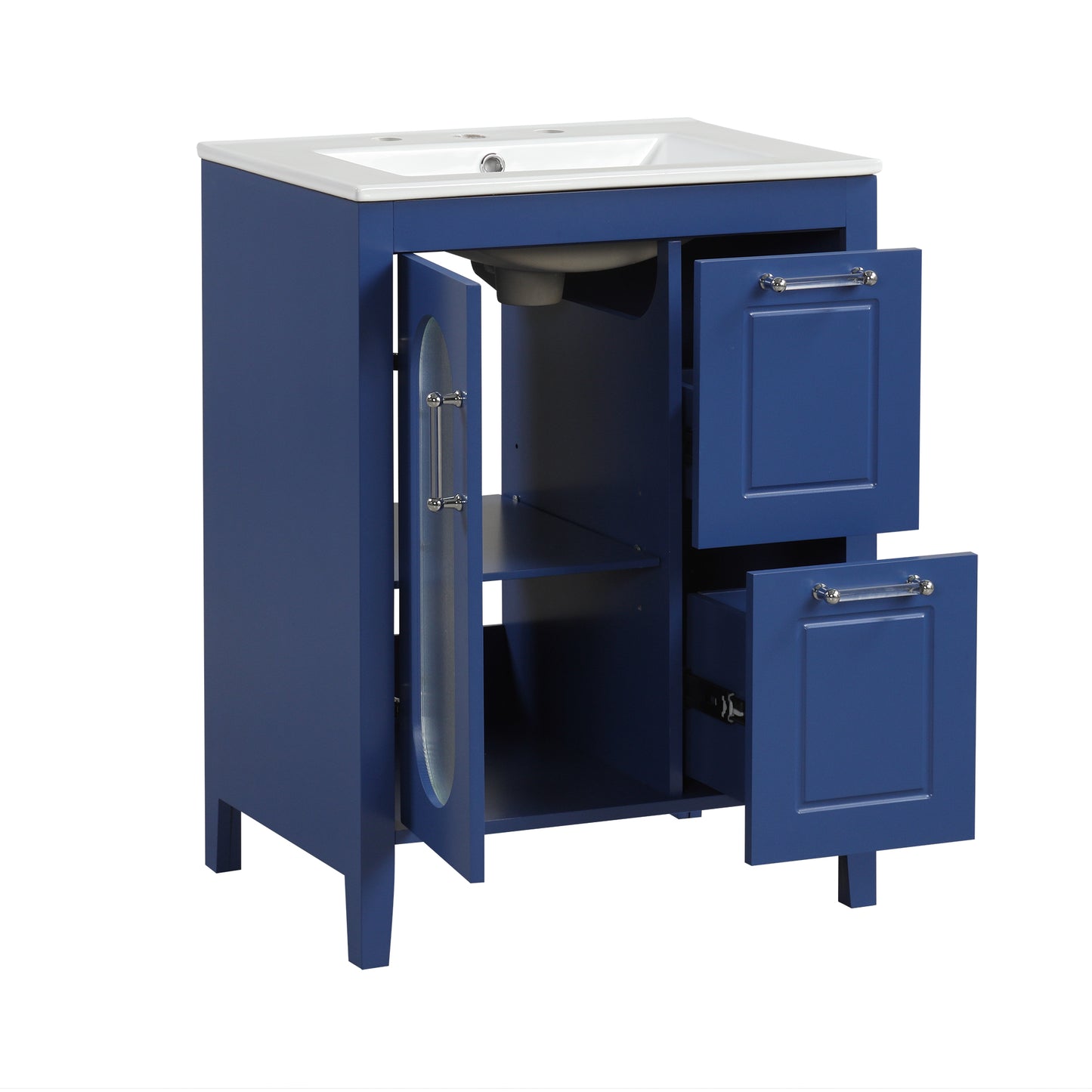 VanityFus 24-in Blue Bathroom Vanity Single Sink Combo Ceramic Top 1  Glass door 2 drawers Undermount Adjustable Shelves
