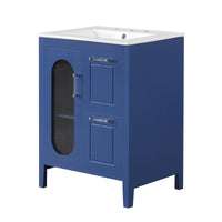 VanityFus 24-in Blue Bathroom Vanity Single Sink Combo Ceramic Top 1  Glass door 2 drawers Undermount Adjustable Shelves