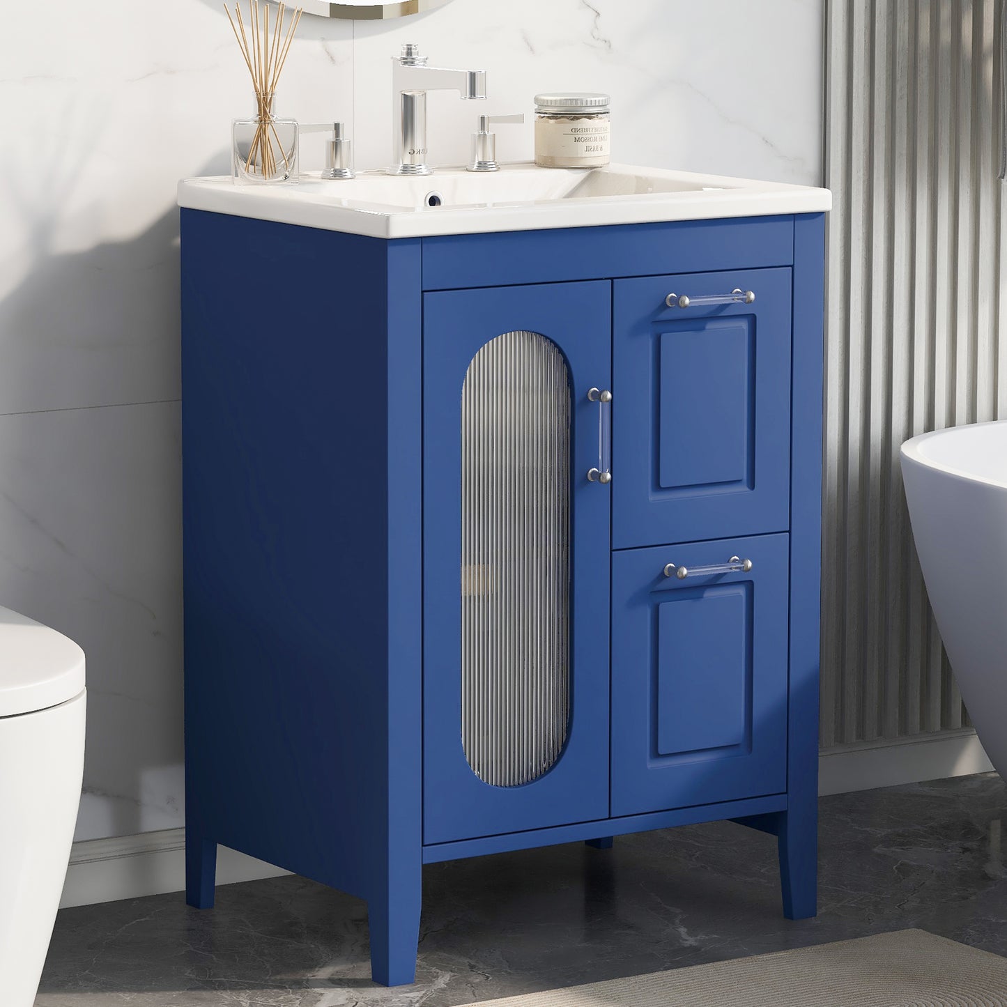 VanityFus 24-in Blue Bathroom Vanity Single Sink Combo Ceramic Top 1  Glass door 2 drawers Undermount Adjustable Shelves