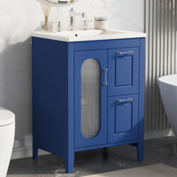 VanityFus 24-in Blue Bathroom Vanity Single Sink Combo Ceramic Top 1  Glass door 2 drawers Undermount Adjustable Shelves