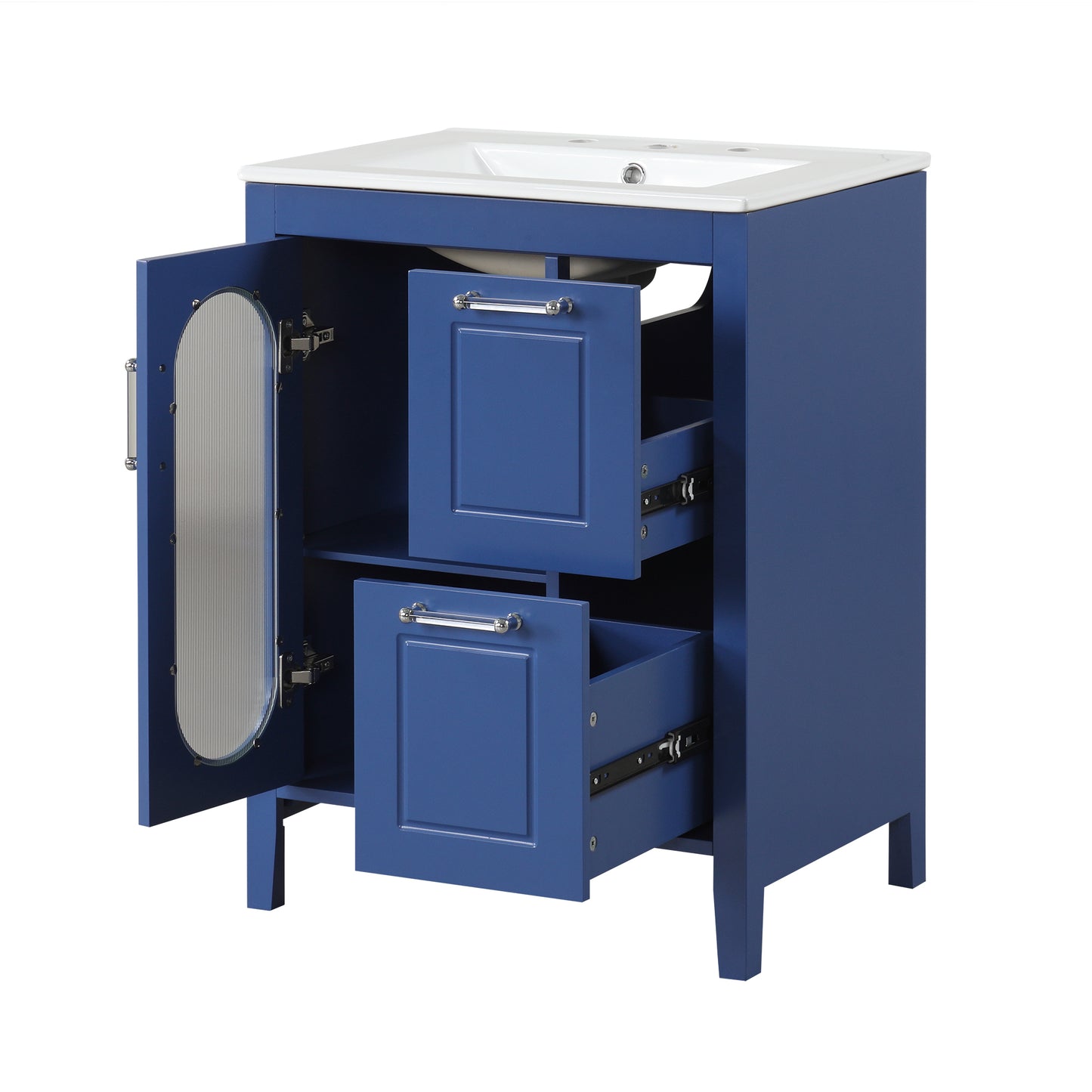 VanityFus 24-in Blue Bathroom Vanity Single Sink Combo Ceramic Top 1  Glass door 2 drawers Undermount Adjustable Shelves