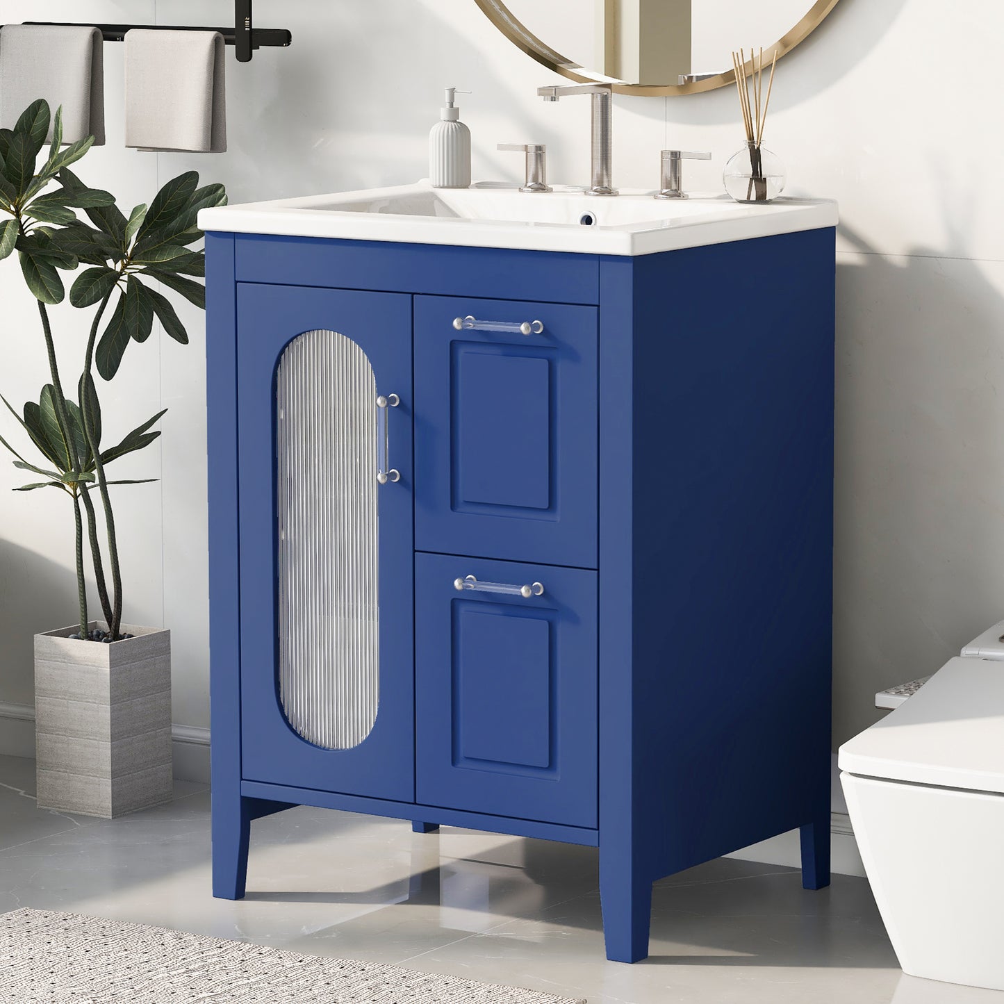 VanityFus 24-in Blue Bathroom Vanity Single Sink Combo Ceramic Top 1  Glass door 2 drawers Undermount Adjustable Shelves