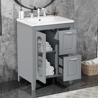 VanityFus 24-in Gray Bathroom Vanity Single Sink Combo Ceramic Top 1  Glass door 2 drawers Undermount Adjustable Shelves
