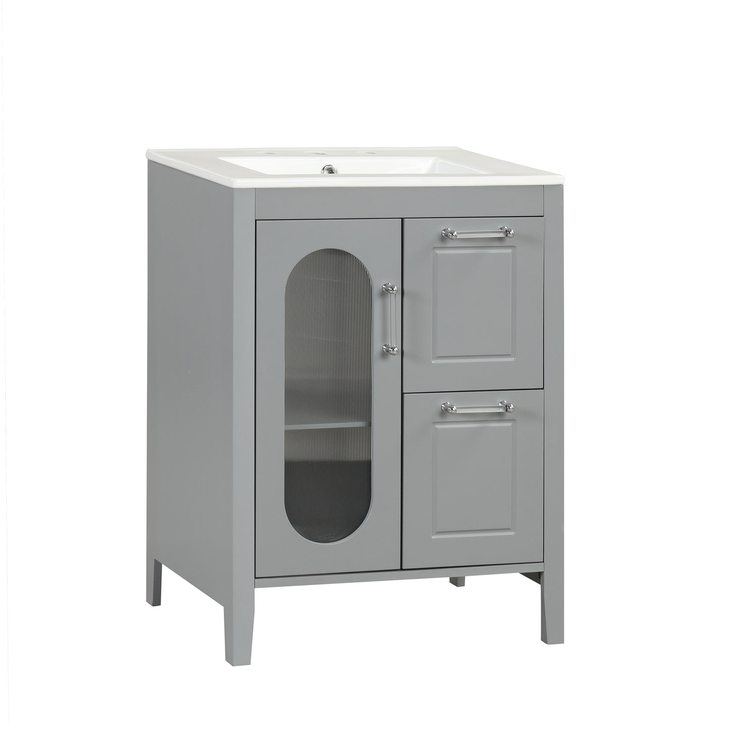 VanityFus 24-in Gray Bathroom Vanity Single Sink Combo Ceramic Top 1  Glass door 2 drawers Undermount Adjustable Shelves