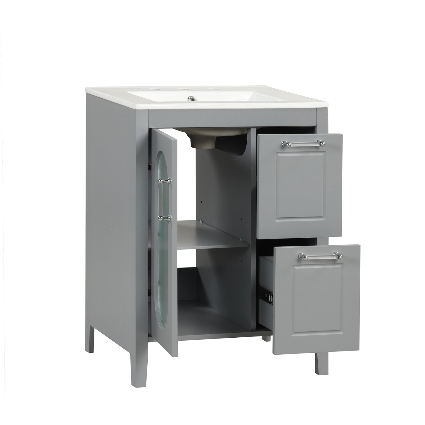 VanityFus 24-in Gray Bathroom Vanity Single Sink Combo Ceramic Top 1  Glass door 2 drawers Undermount Adjustable Shelves