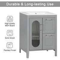 VanityFus 24-in Gray Bathroom Vanity Single Sink Combo Ceramic Top 1  Glass door 2 drawers Undermount Adjustable Shelves