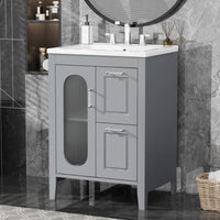 VanityFus 24-in Gray Bathroom Vanity Single Sink Combo Ceramic Top 1  Glass door 2 drawers Undermount Adjustable Shelves