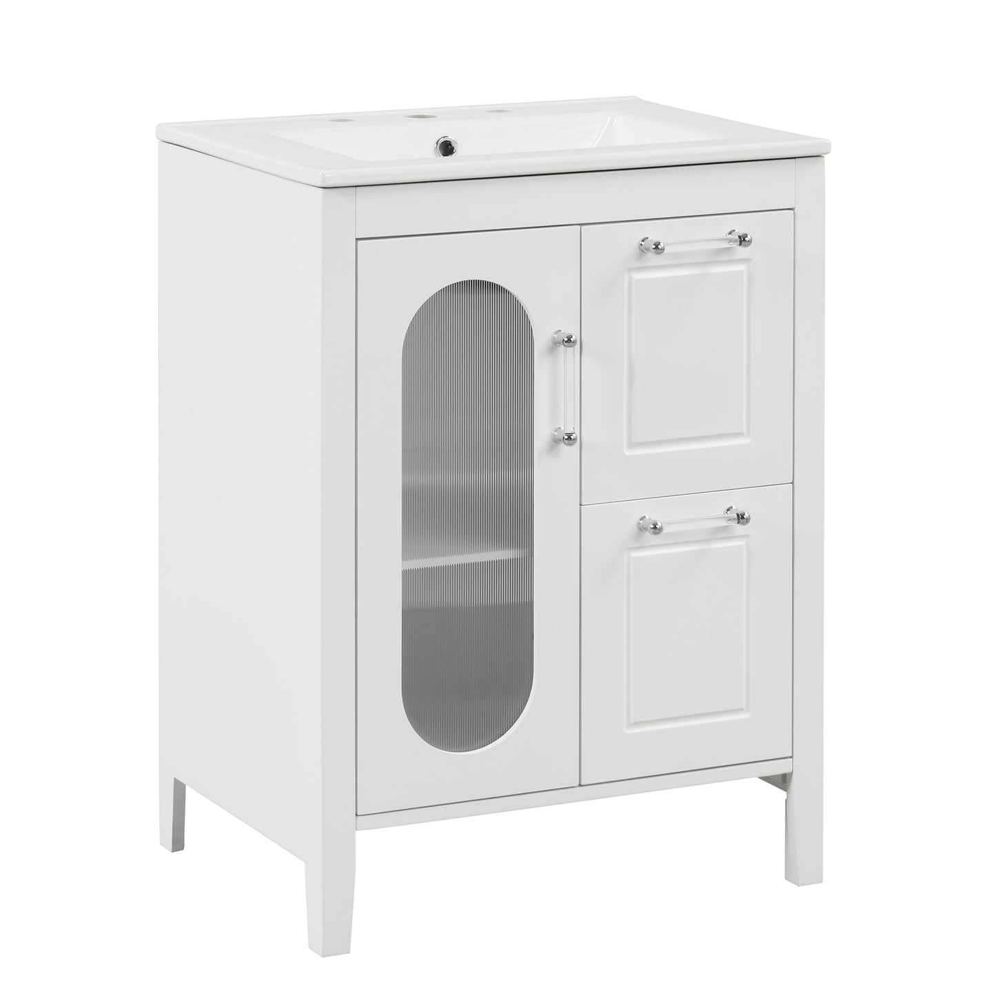 VanityFus 24-in White Bathroom Vanity Single Sink Combo Ceramic Top 1 Glass door 2 drawers Undermount Adjustable Shelves