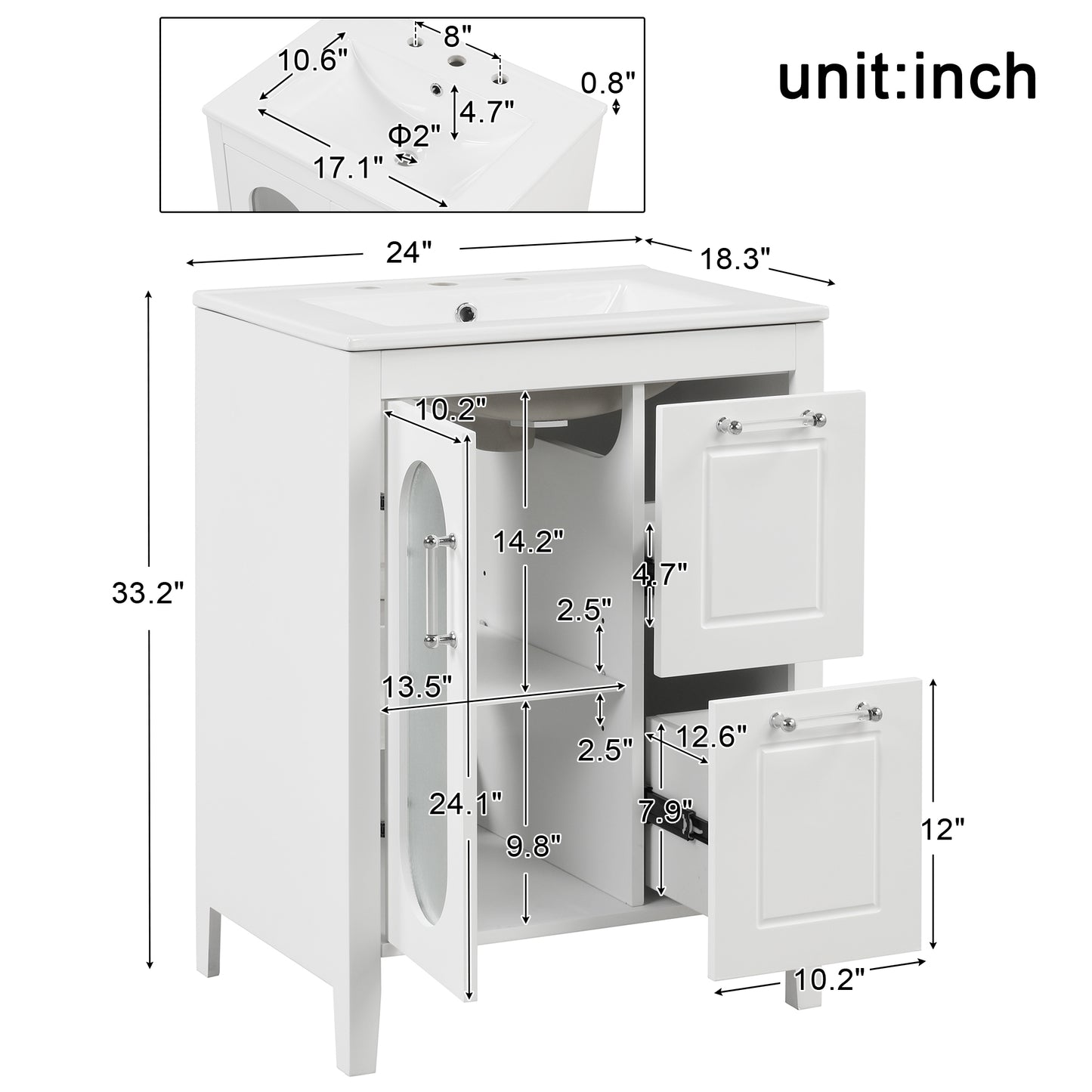 VanityFus 24-in White Bathroom Vanity Single Sink Combo Ceramic Top 1 Glass door 2 drawers Undermount Adjustable Shelves