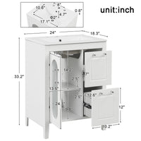 VanityFus 24-in White Bathroom Vanity Single Sink Combo Ceramic Top 1 Glass door 2 drawers Undermount Adjustable Shelves