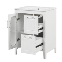 VanityFus 24-in White Bathroom Vanity Single Sink Combo Ceramic Top 1 Glass door 2 drawers Undermount Adjustable Shelves