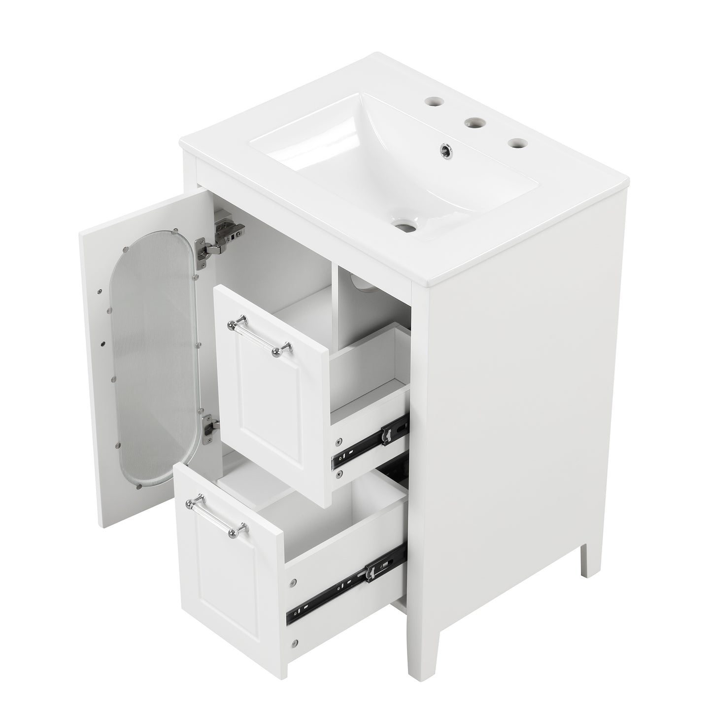 VanityFus 24-in White Bathroom Vanity Single Sink Combo Ceramic Top 1 Glass door 2 drawers Undermount Adjustable Shelves