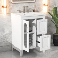 VanityFus 24-in White Bathroom Vanity Single Sink Combo Ceramic Top 1 Glass door 2 drawers Undermount Adjustable Shelves