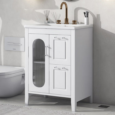 VanityFus 24-in White Bathroom Vanity Single Sink Combo Ceramic Top 1 Glass door 2 drawers Undermount Adjustable Shelves
