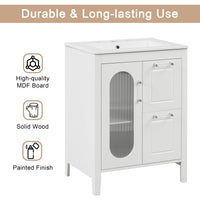 VanityFus 24-in White Bathroom Vanity Single Sink Combo Ceramic Top 1 Glass door 2 drawers Undermount Adjustable Shelves