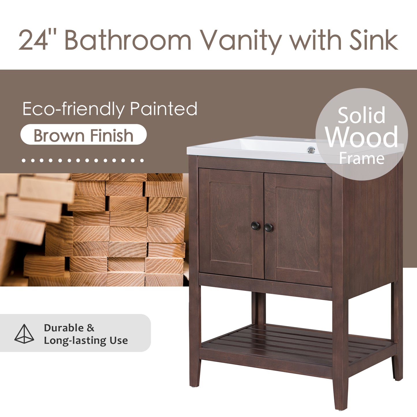 VanityFus 24-in Brown Bathroom Vanity Single Sink Combo Ceramic Top 1 door Undermount