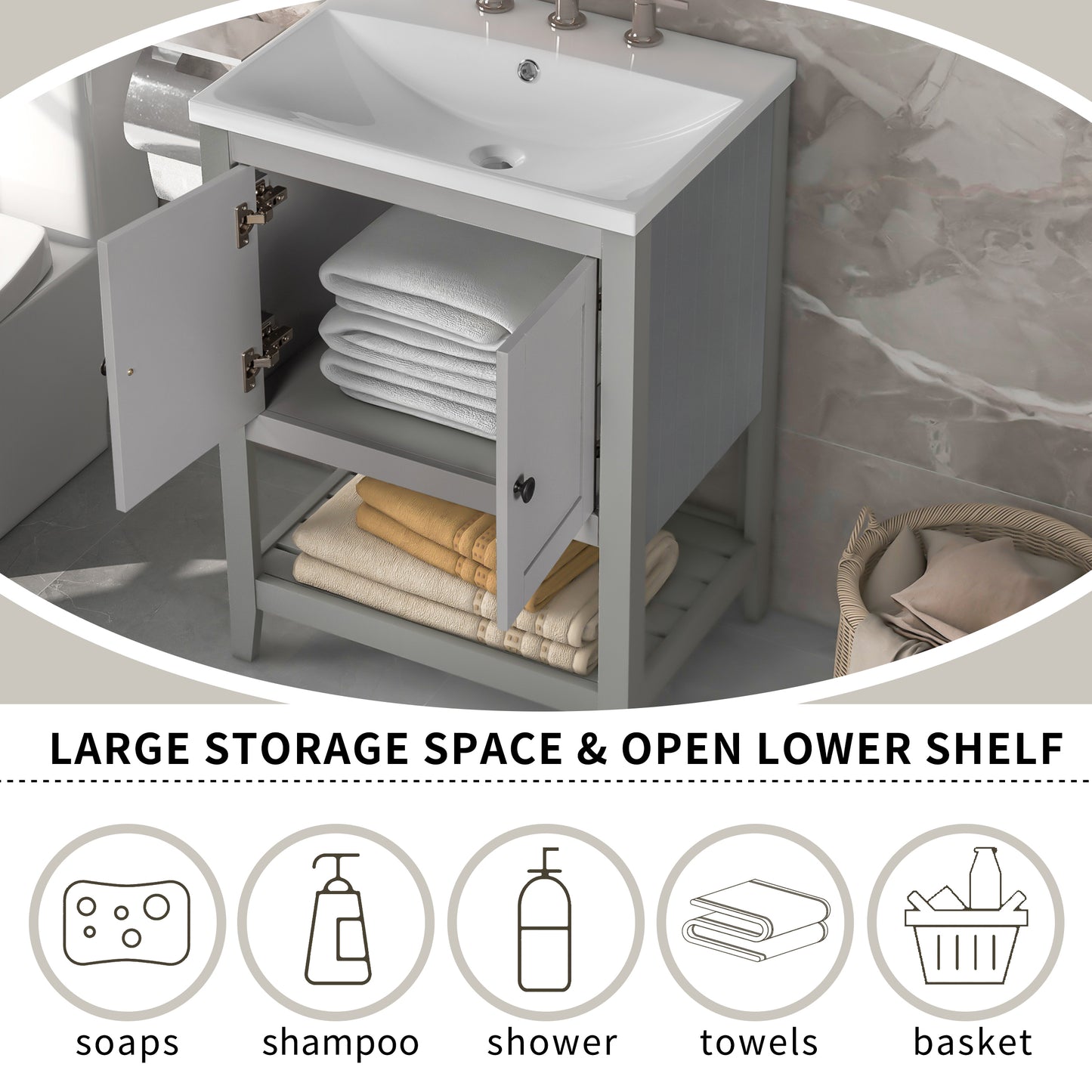 VanityFus 24-in gray Bathroom Vanity Single Sink Combo Ceramic Top 1 door Undermount