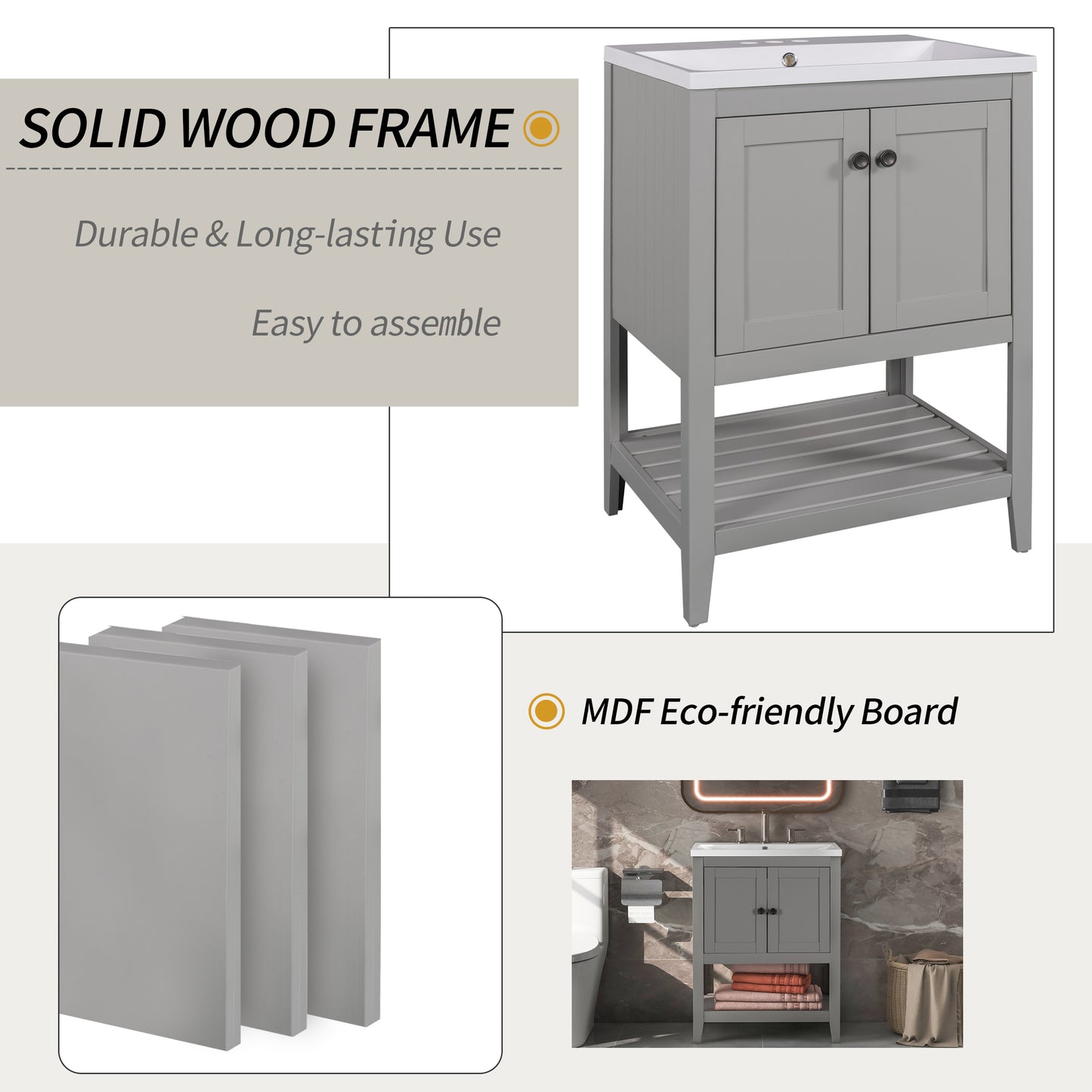 VanityFus 24-in gray Bathroom Vanity Single Sink Combo Ceramic Top 1 door Undermount