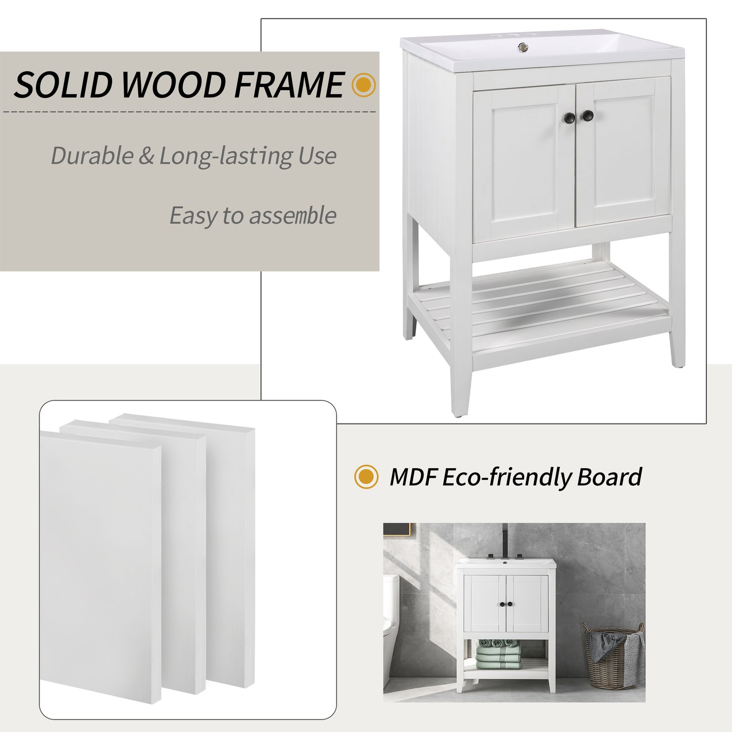 VanityFus 24-in White Bathroom Vanity Single Sink Combo Ceramic Top 1 door Undermount