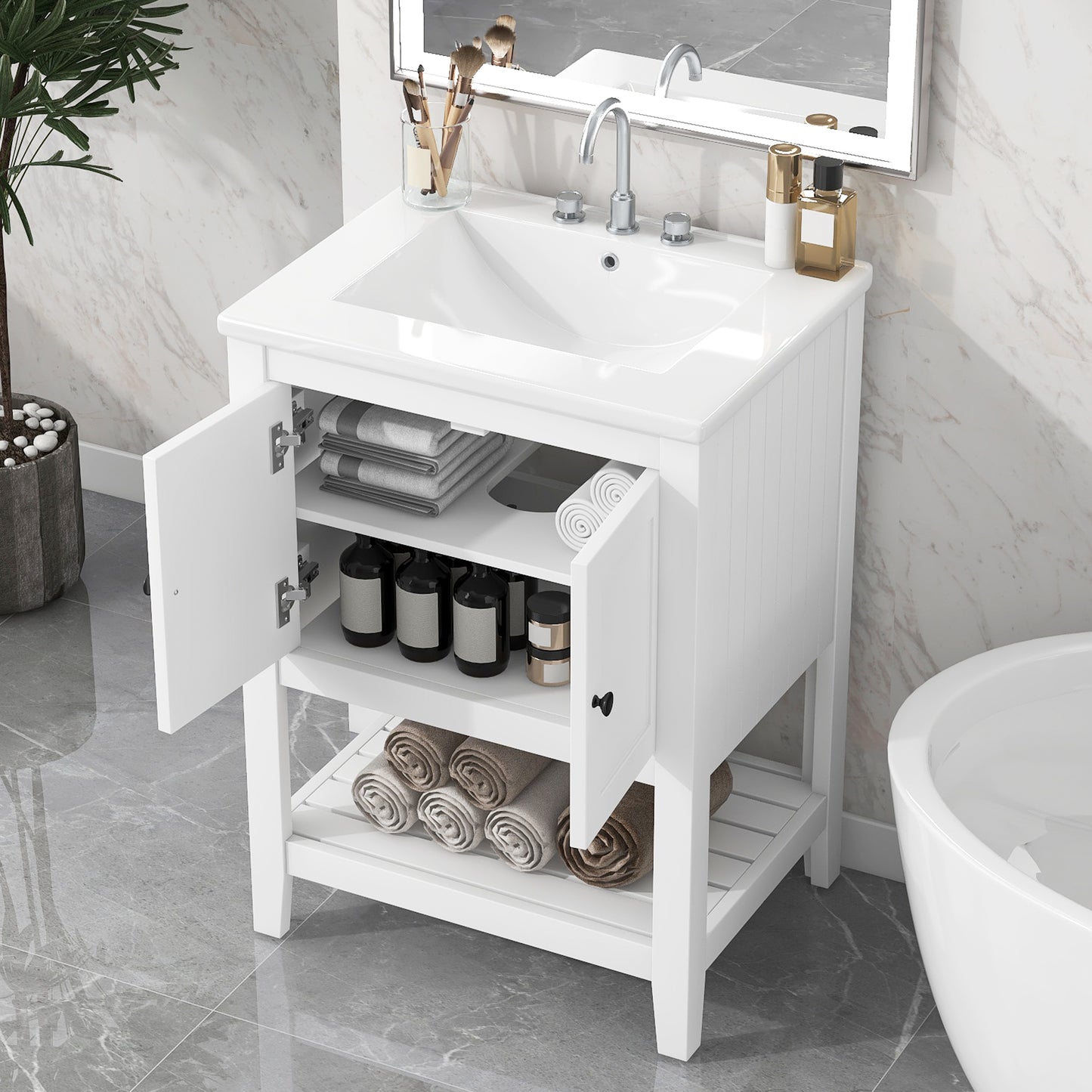 VanityFus 24-in White Bathroom Vanity Single Sink Combo Ceramic Top 1 door Undermount