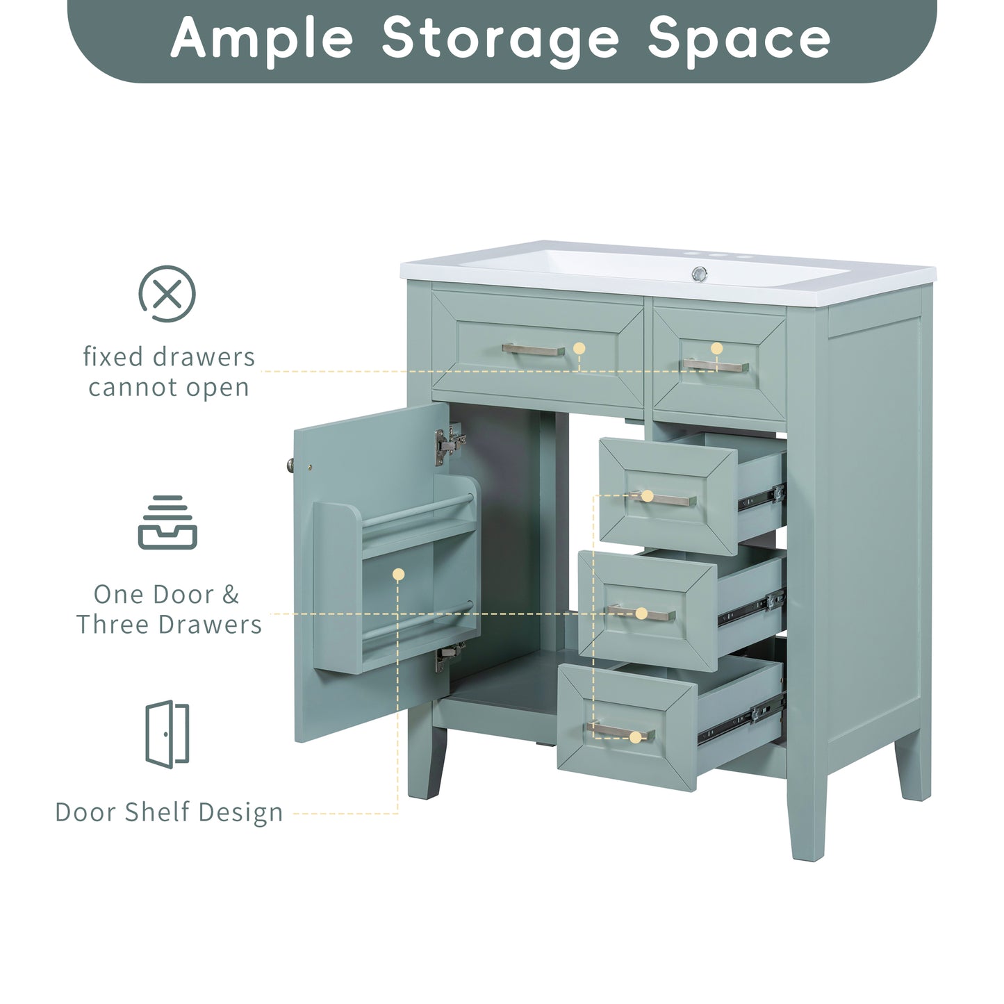 VanityFus 18.6-in Green Bathroom Vanity Single Sink Combo Undermount with Ceramic Top 1 door 3 drawers