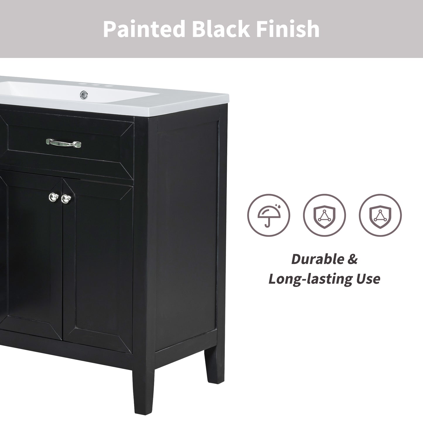 VanityFus 28.6-in Black Bathroom Vanity Single Sink Combo Undermount with Ceramic Top 2 doors 3 drawers