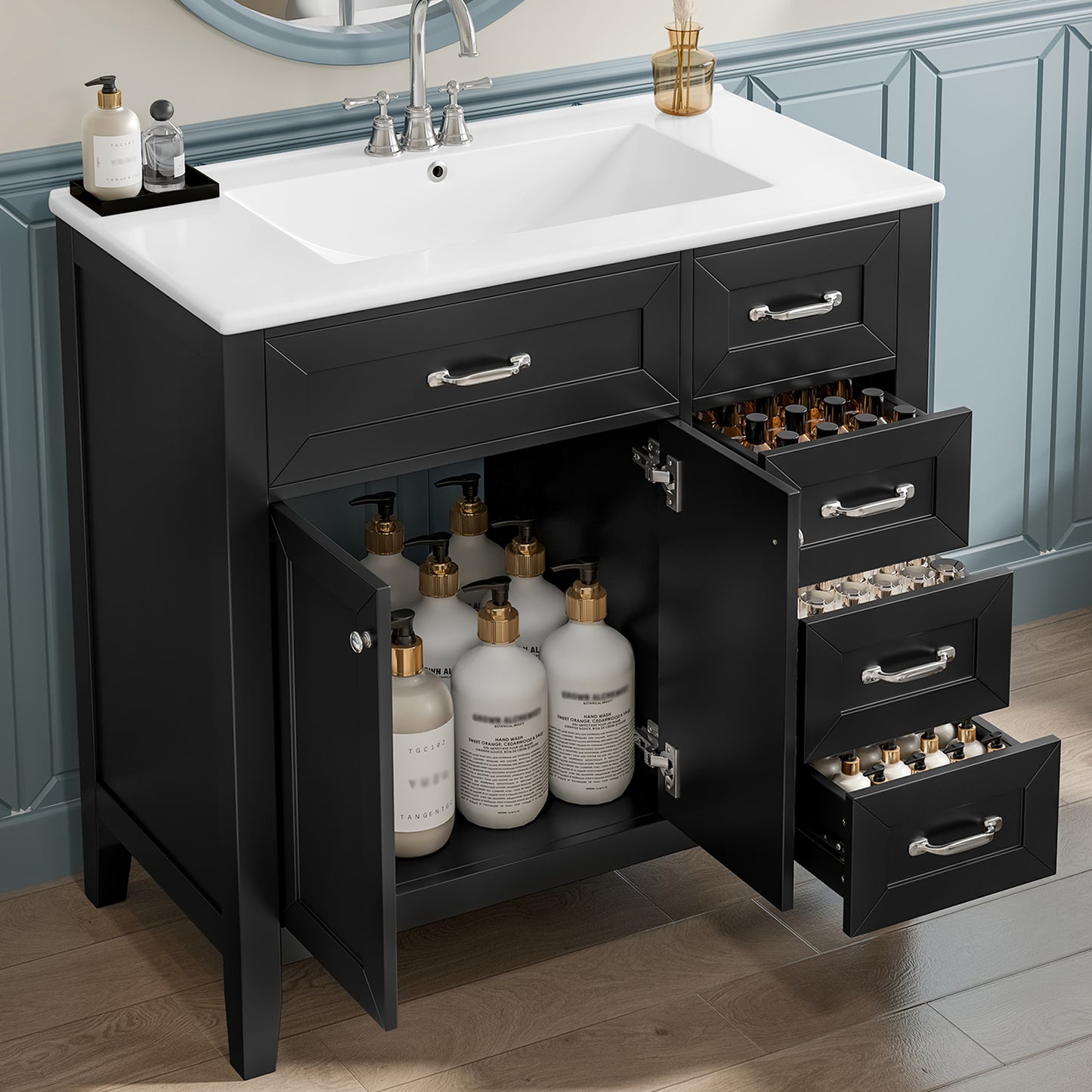 VanityFus 28.6-in Black Bathroom Vanity Single Sink Combo Undermount with Ceramic Top 2 doors 3 drawers