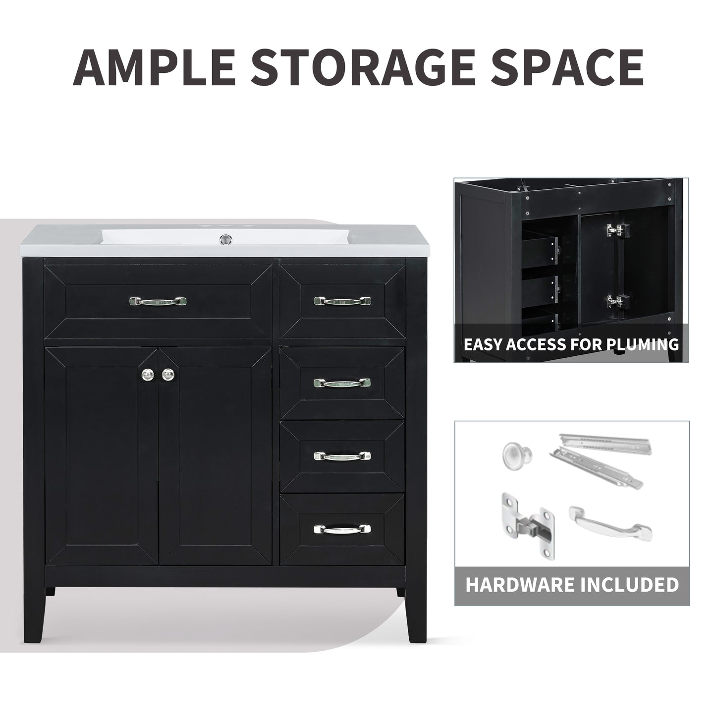 VanityFus 28.6-in Black Bathroom Vanity Single Sink Combo Undermount with Ceramic Top 2 doors 3 drawers