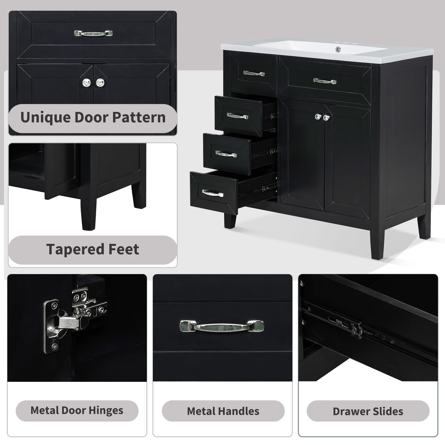 VanityFus 28.6-in Black Bathroom Vanity Single Sink Combo Undermount with Ceramic Top 2 doors 3 drawers