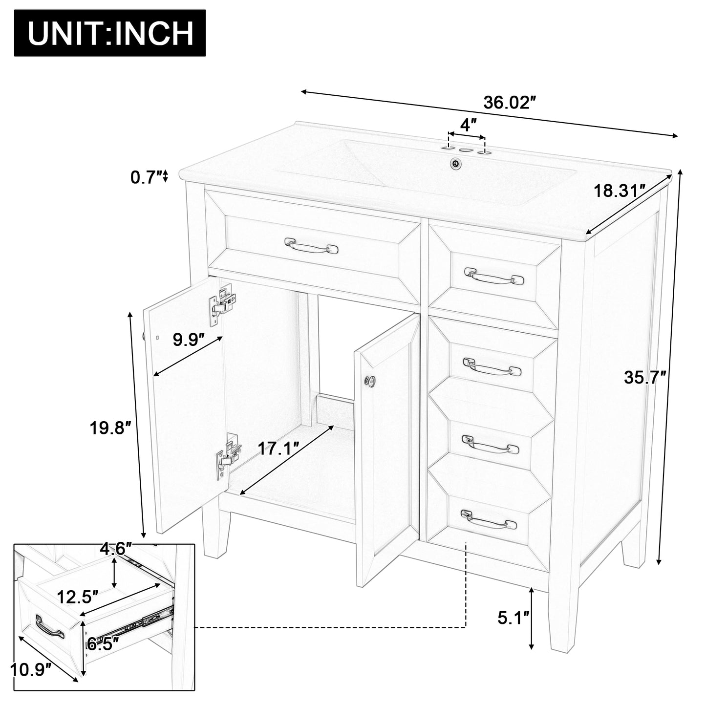 VanityFus 28.6-in Black Bathroom Vanity Single Sink Combo Undermount with Ceramic Top 2 doors 3 drawers
