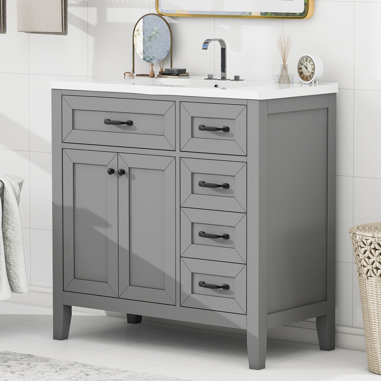 VanityFus 28.6-in Gray Bathroom Vanity Single Sink Combo Undermount with Ceramic Top 2 doors 3 drawers