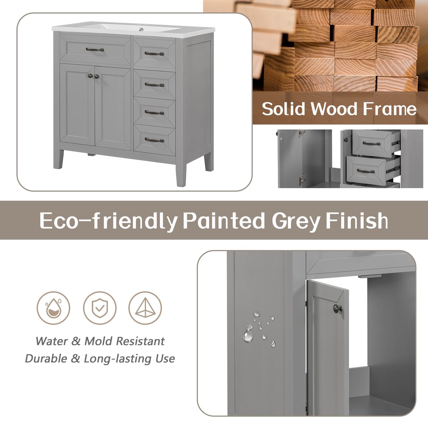VanityFus 28.6-in Gray Bathroom Vanity Single Sink Combo Undermount with Ceramic Top 2 doors 3 drawers