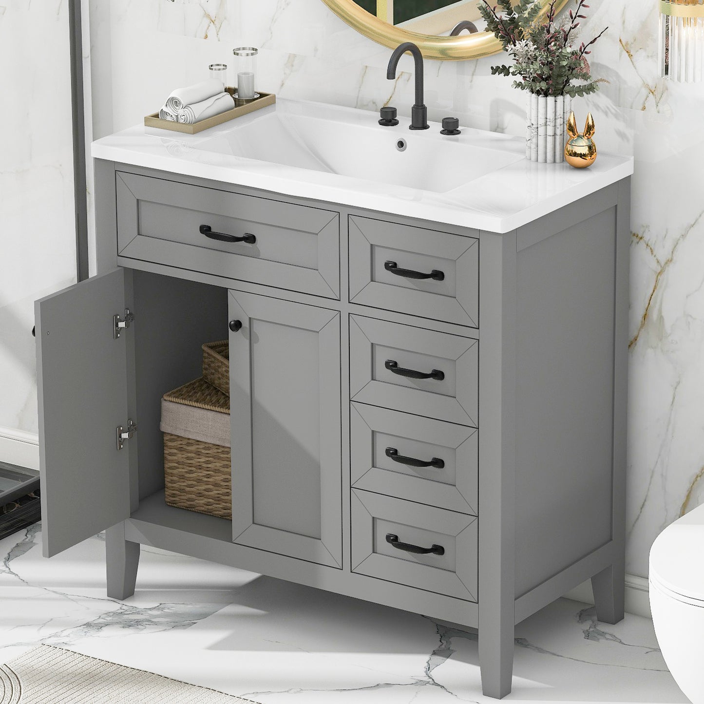 VanityFus 28.6-in Gray Bathroom Vanity Single Sink Combo Undermount with Ceramic Top 2 doors 3 drawers