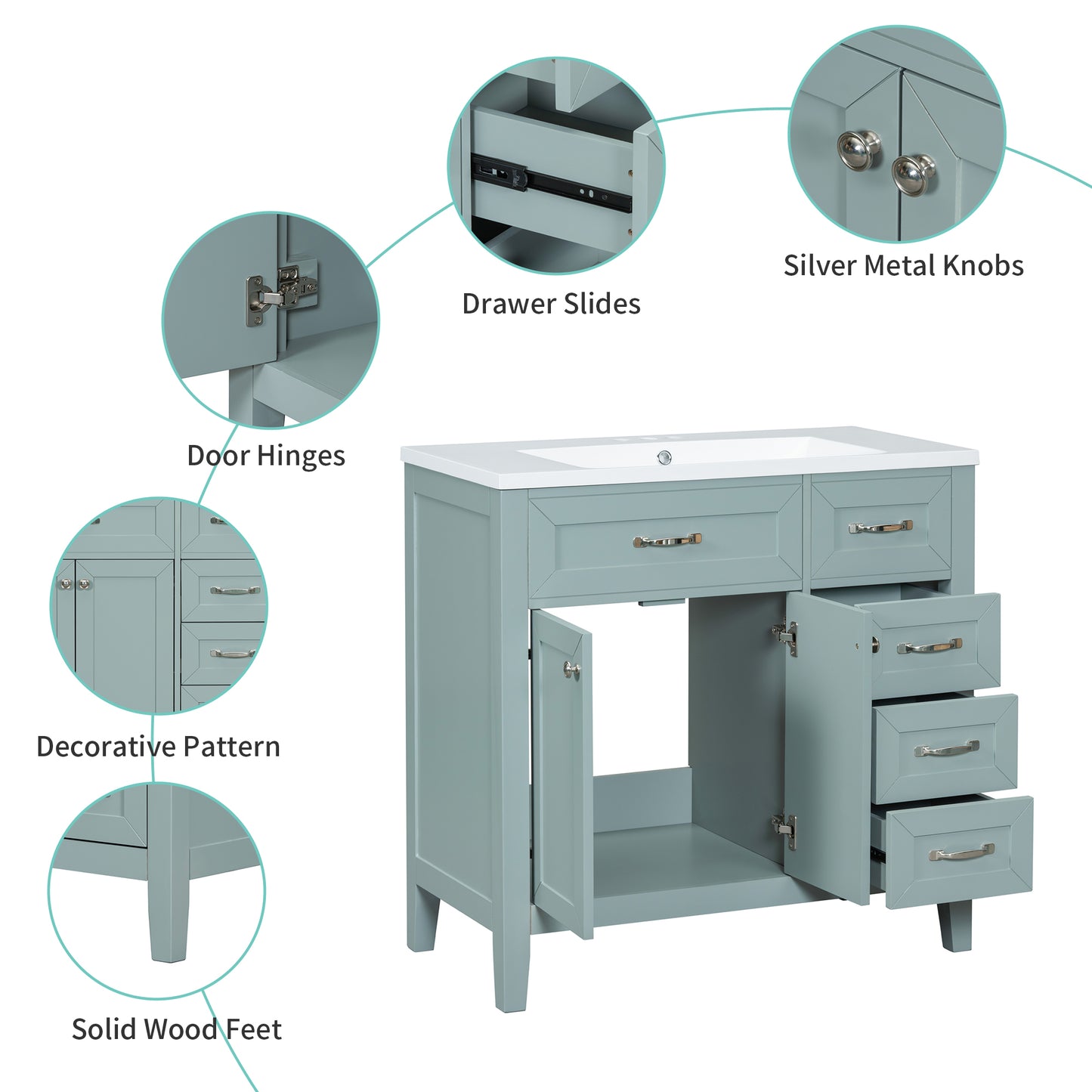 VanityFus 28.6-in Green Bathroom Vanity Single Sink Combo Undermount with Ceramic Top 2 doors 3 drawers