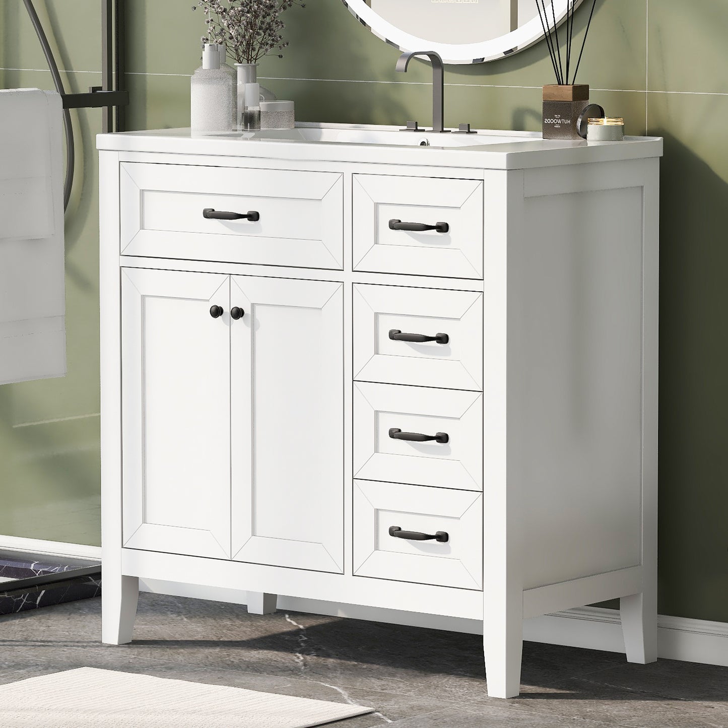 VanityFus 28.6-in White Bathroom Vanity Single Sink Combo Undermount with Ceramic Top 2 doors 3 drawers