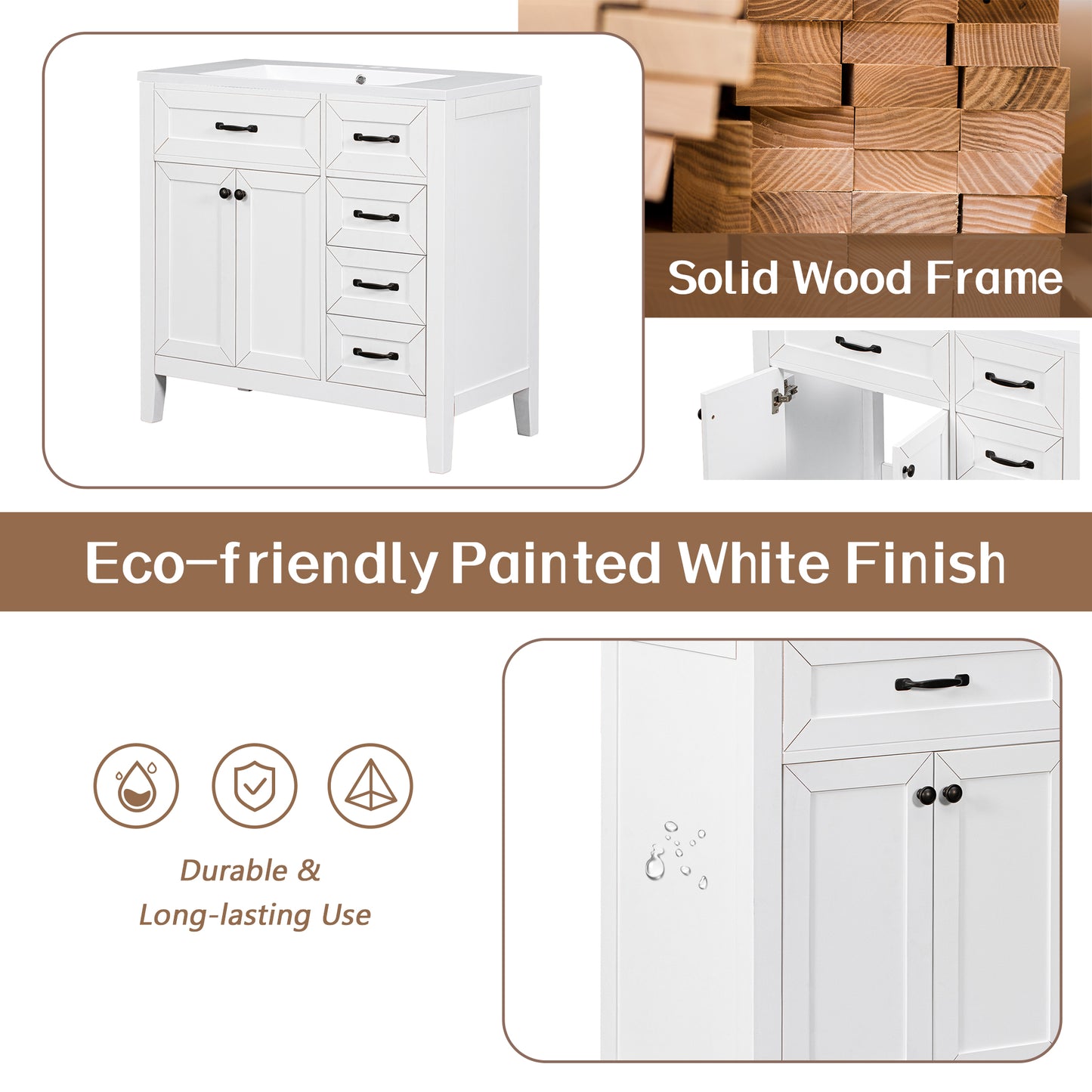 VanityFus 28.6-in White Bathroom Vanity Single Sink Combo Undermount with Ceramic Top 2 doors 3 drawers