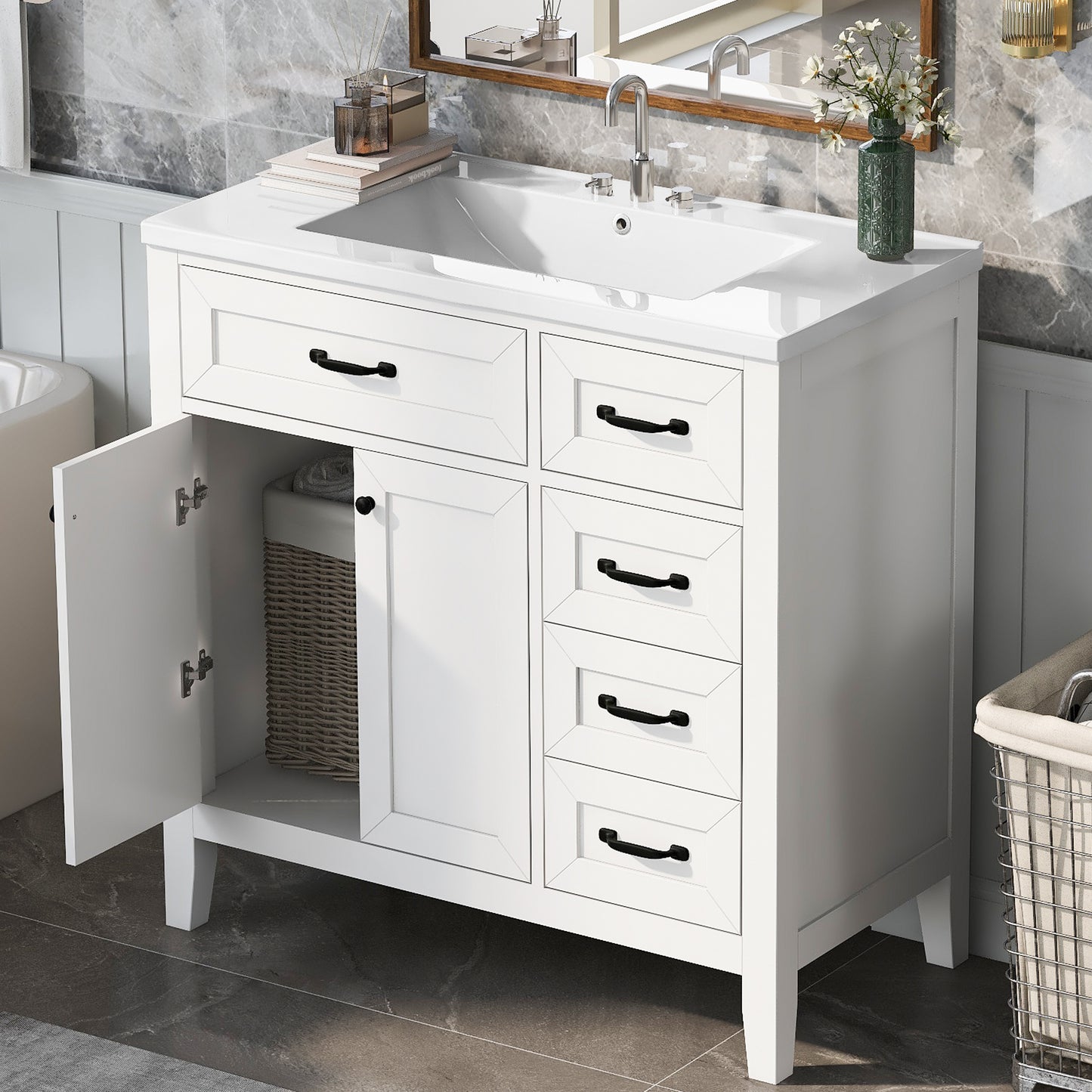 VanityFus 28.6-in White Bathroom Vanity Single Sink Combo Undermount with Ceramic Top 2 doors 3 drawers