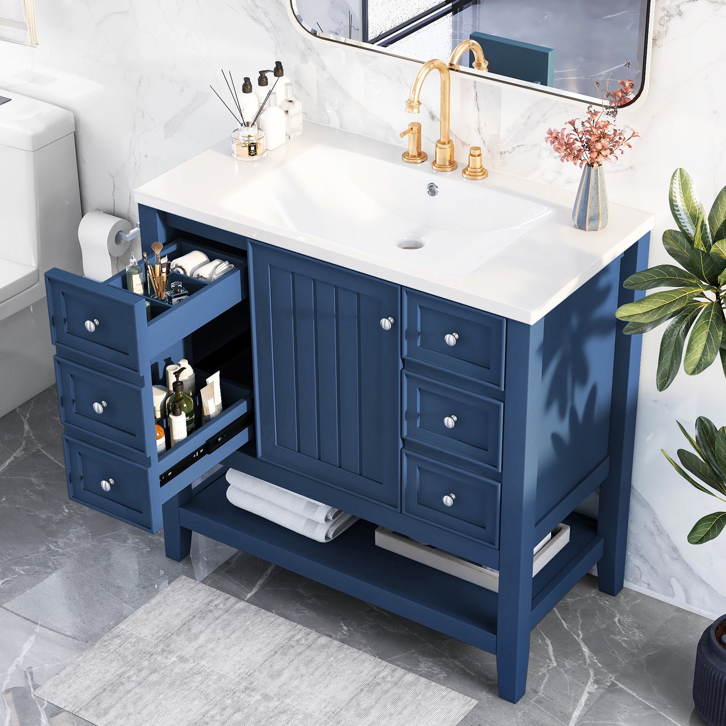 VanityFus 18.6-in Blue Bathroom Vanity Single Sink Combo Undermount with Ceramic Top 1 door 3 drawers Adjustable Shelves