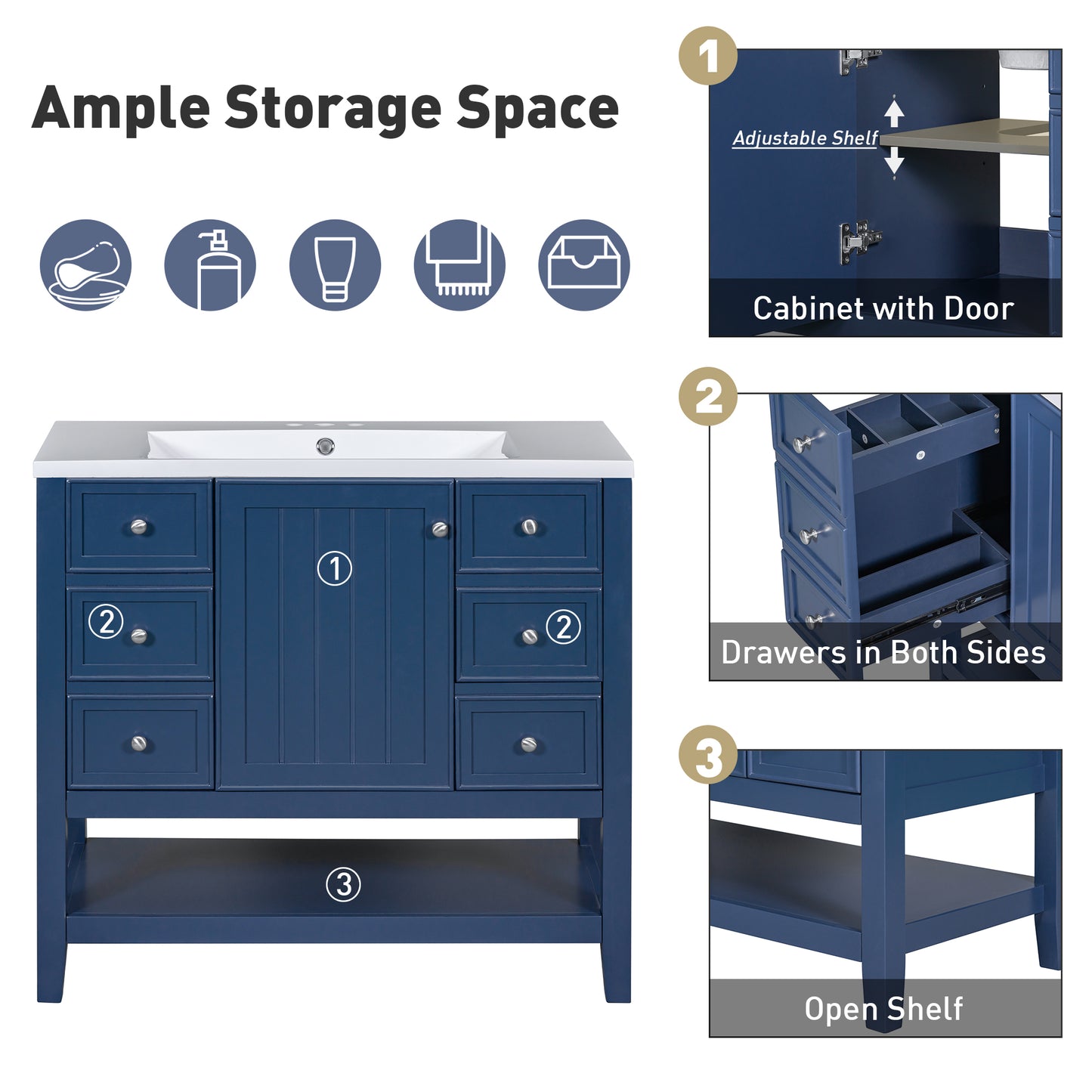 VanityFus 18.6-in Blue Bathroom Vanity Single Sink Combo Undermount with Ceramic Top 1 door 3 drawers Adjustable Shelves