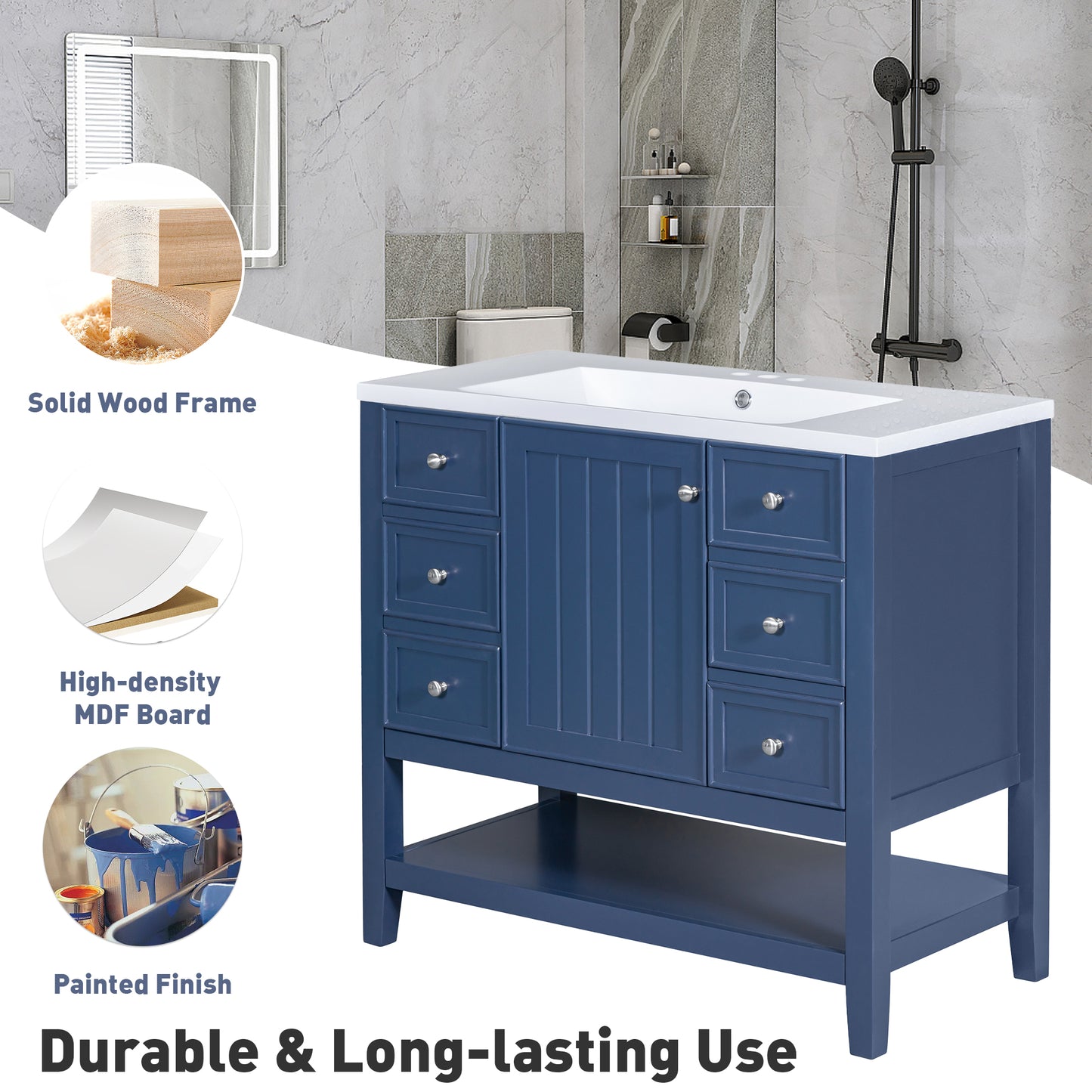 VanityFus 18.6-in Blue Bathroom Vanity Single Sink Combo Undermount with Ceramic Top 1 door 3 drawers Adjustable Shelves