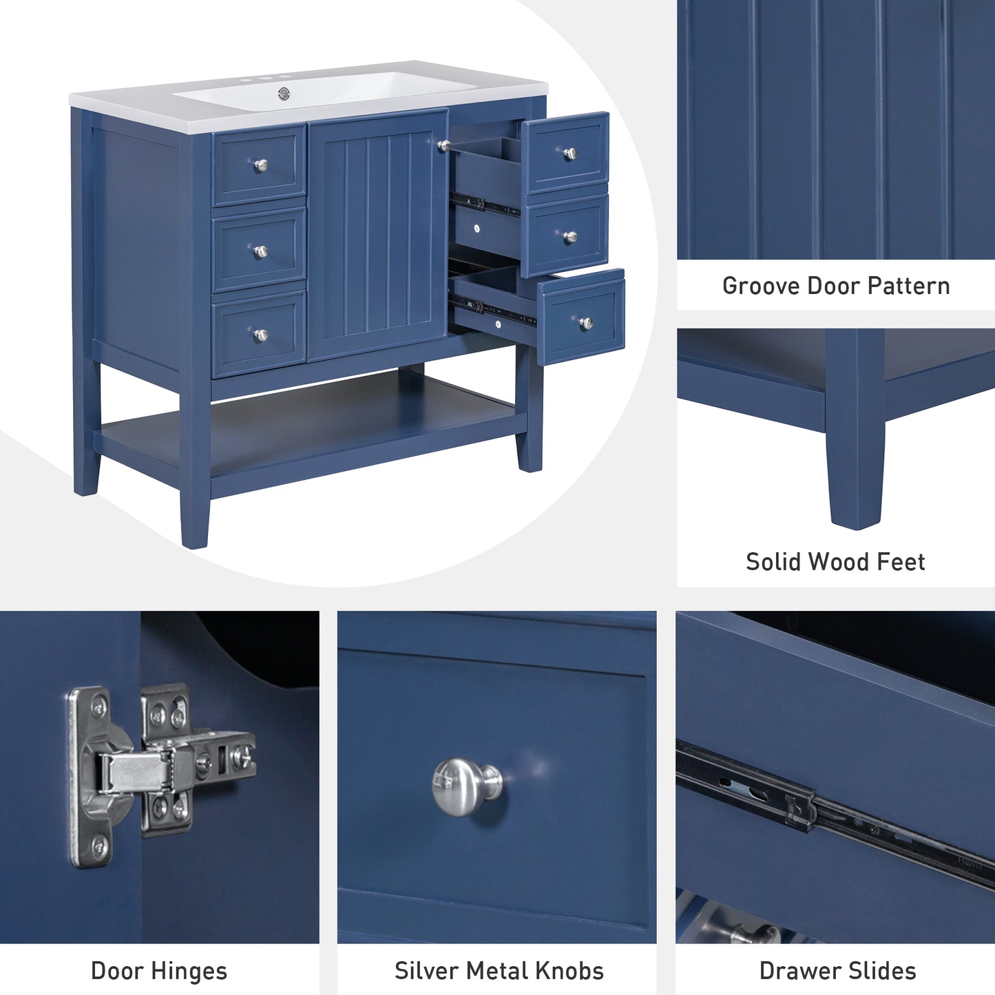 VanityFus 18.6-in Blue Bathroom Vanity Single Sink Combo Undermount with Ceramic Top 1 door 3 drawers Adjustable Shelves