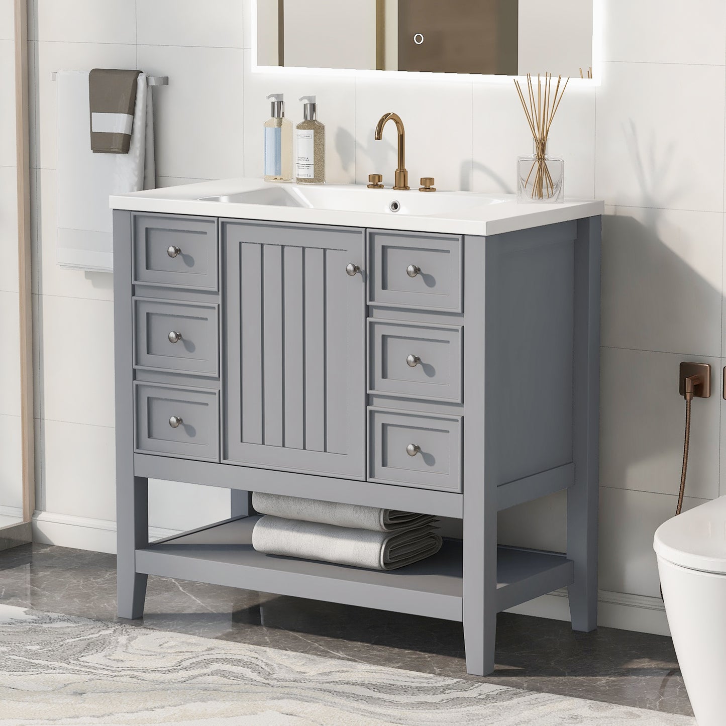 VanityFus 18.6-in Gray Bathroom Vanity Single Sink Combo Undermount with Ceramic Top 1 door 3 drawers Adjustable Shelves