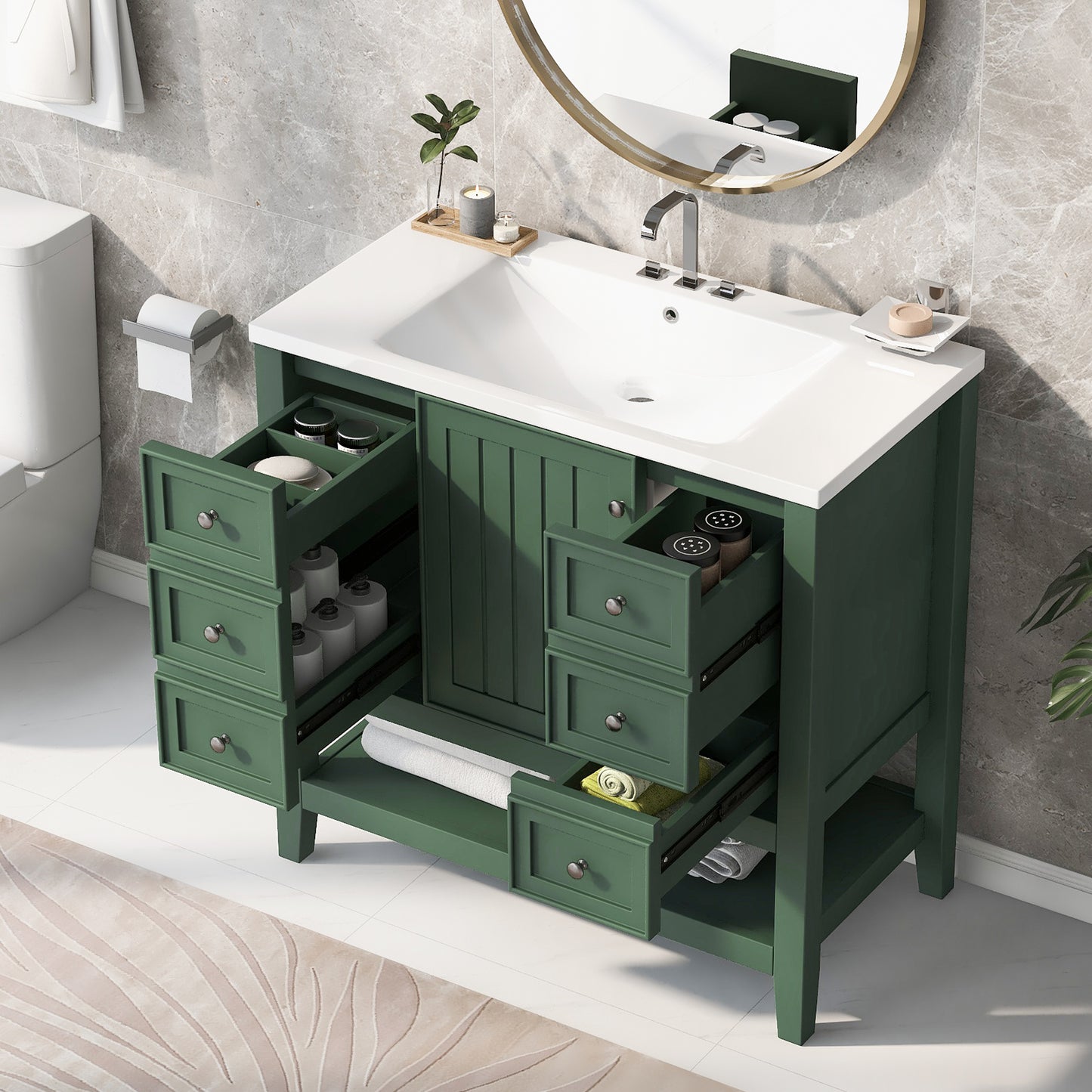 VanityFus 18.6-in Green Bathroom Vanity Single Sink Combo Undermount with Ceramic Top 1 door 3 drawers Adjustable Shelves