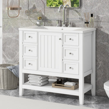 VanityFus 18.6-in White Bathroom Vanity Single Sink Combo Undermount with Ceramic Top 1 door 3 drawers Adjustable Shelves