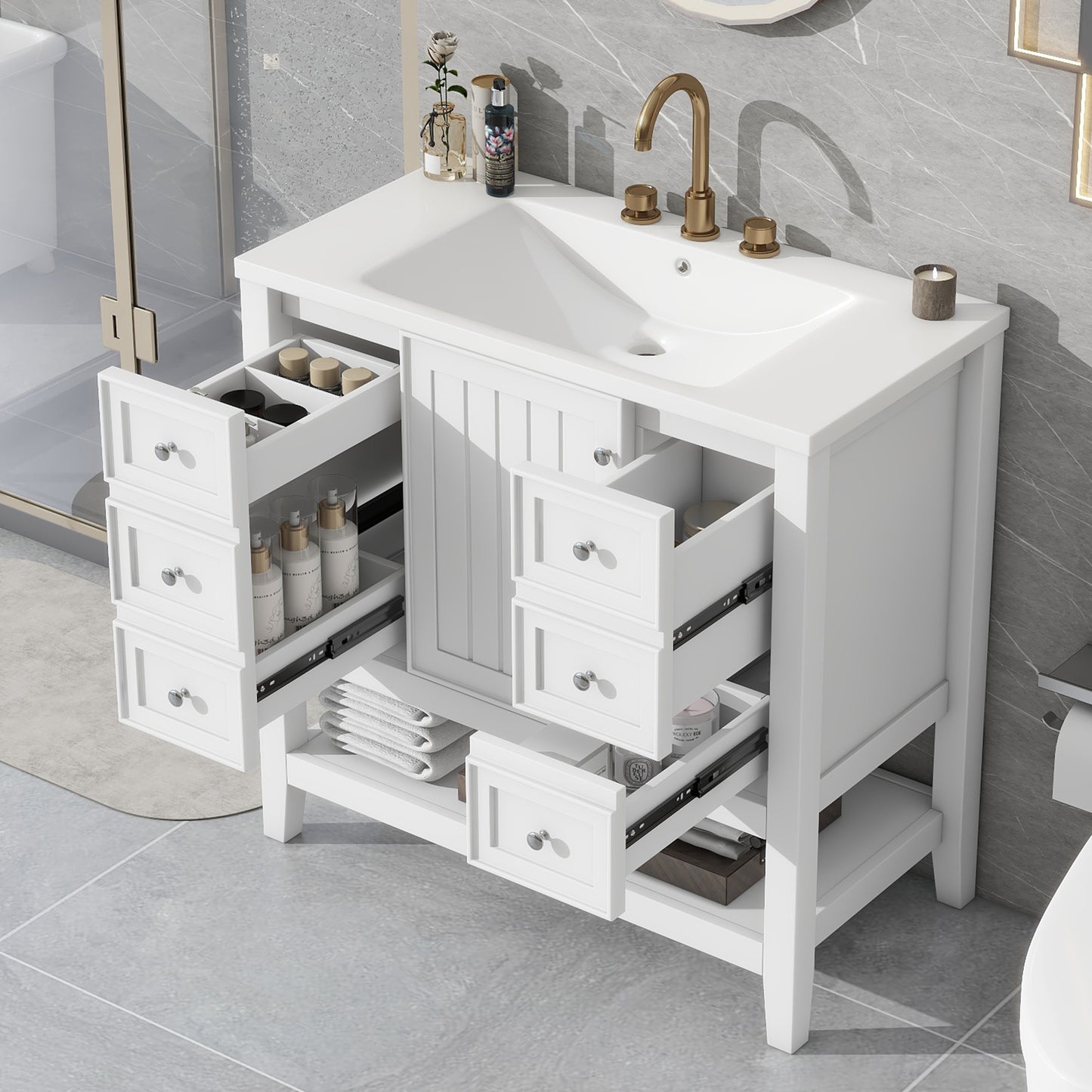VanityFus 18.6-in White Bathroom Vanity Single Sink Combo Undermount with Ceramic Top 1 door 3 drawers Adjustable Shelves