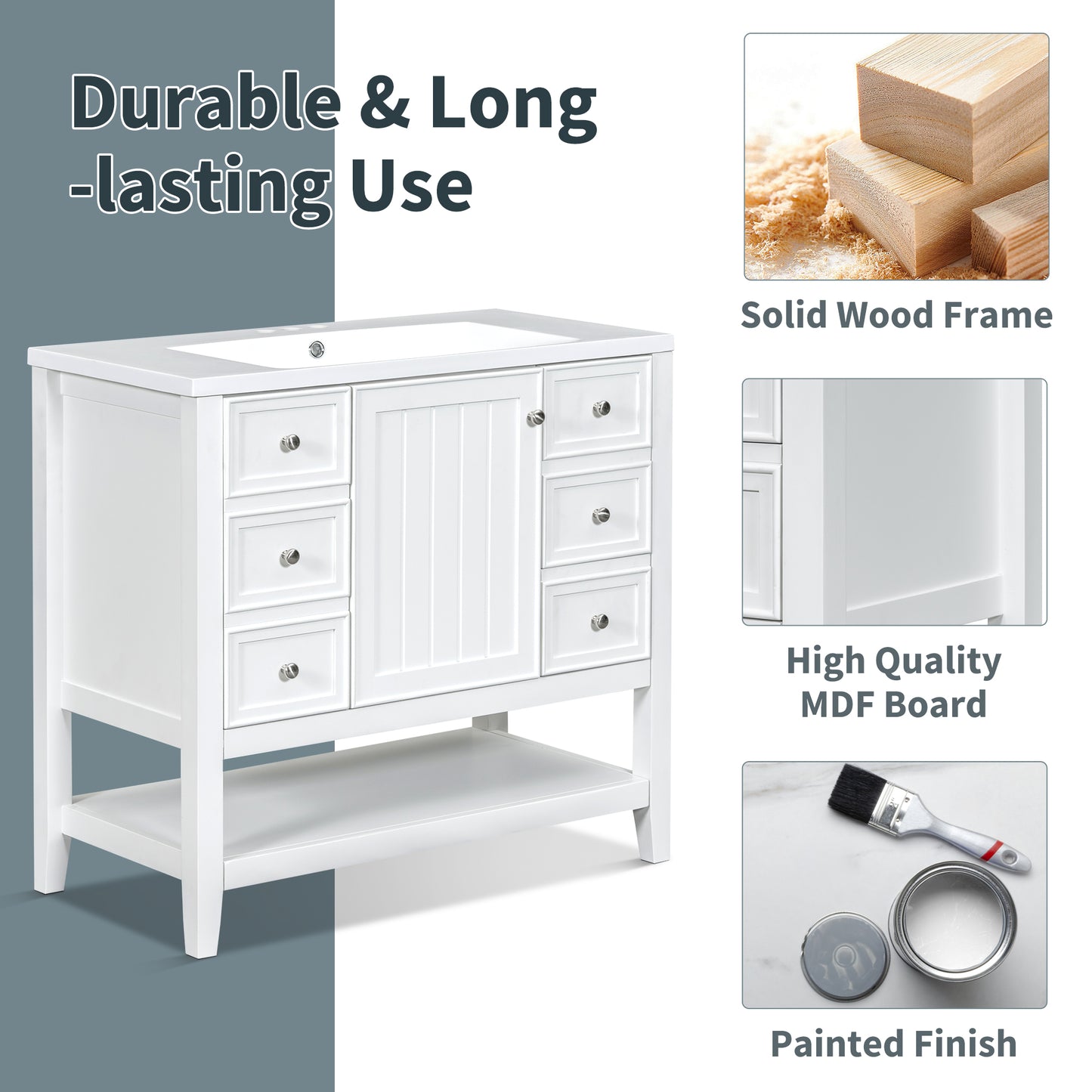 VanityFus 18.6-in White Bathroom Vanity Single Sink Combo Undermount with Ceramic Top 1 door 3 drawers Adjustable Shelves
