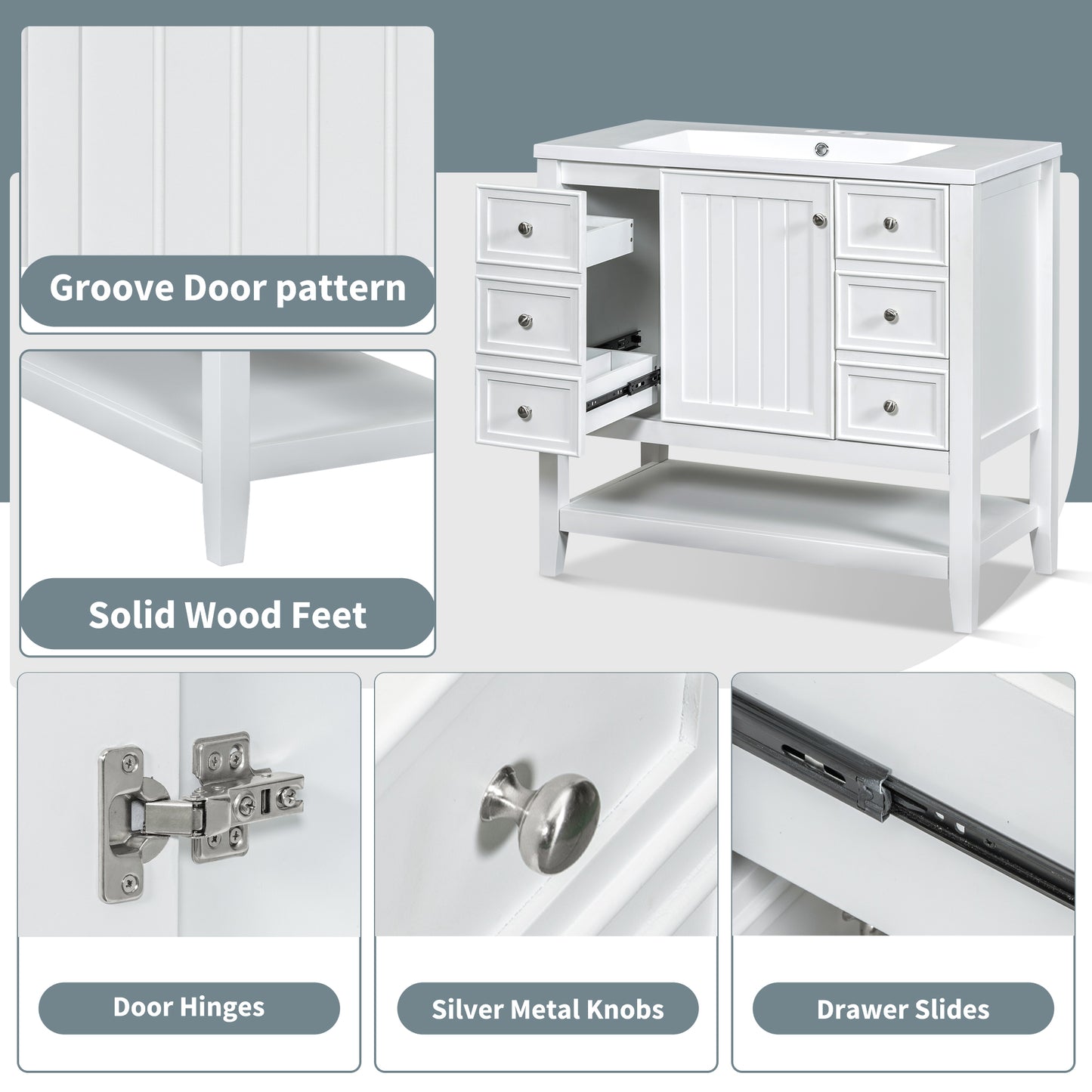 VanityFus 18.6-in White Bathroom Vanity Single Sink Combo Undermount with Ceramic Top 1 door 3 drawers Adjustable Shelves